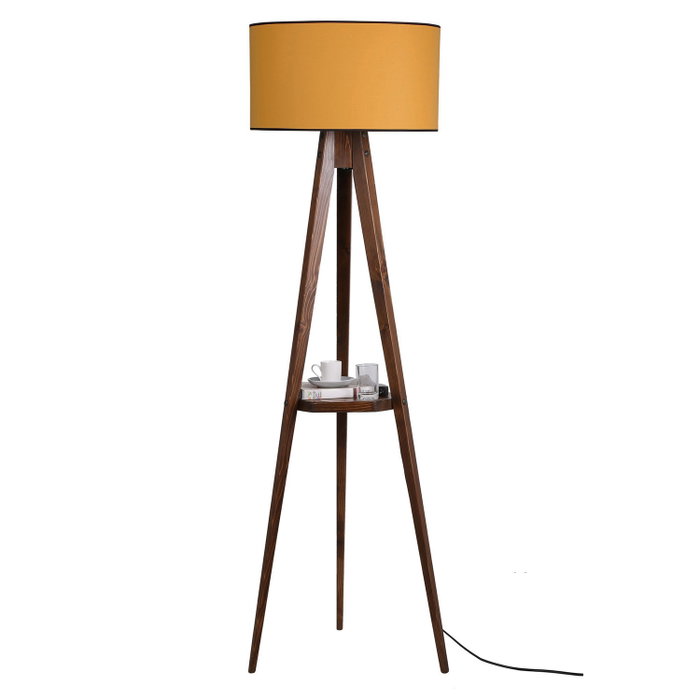 Opviq Lámpara de Pie de Madera con Estante y Pantalla de Tela Nogal y Mostaza